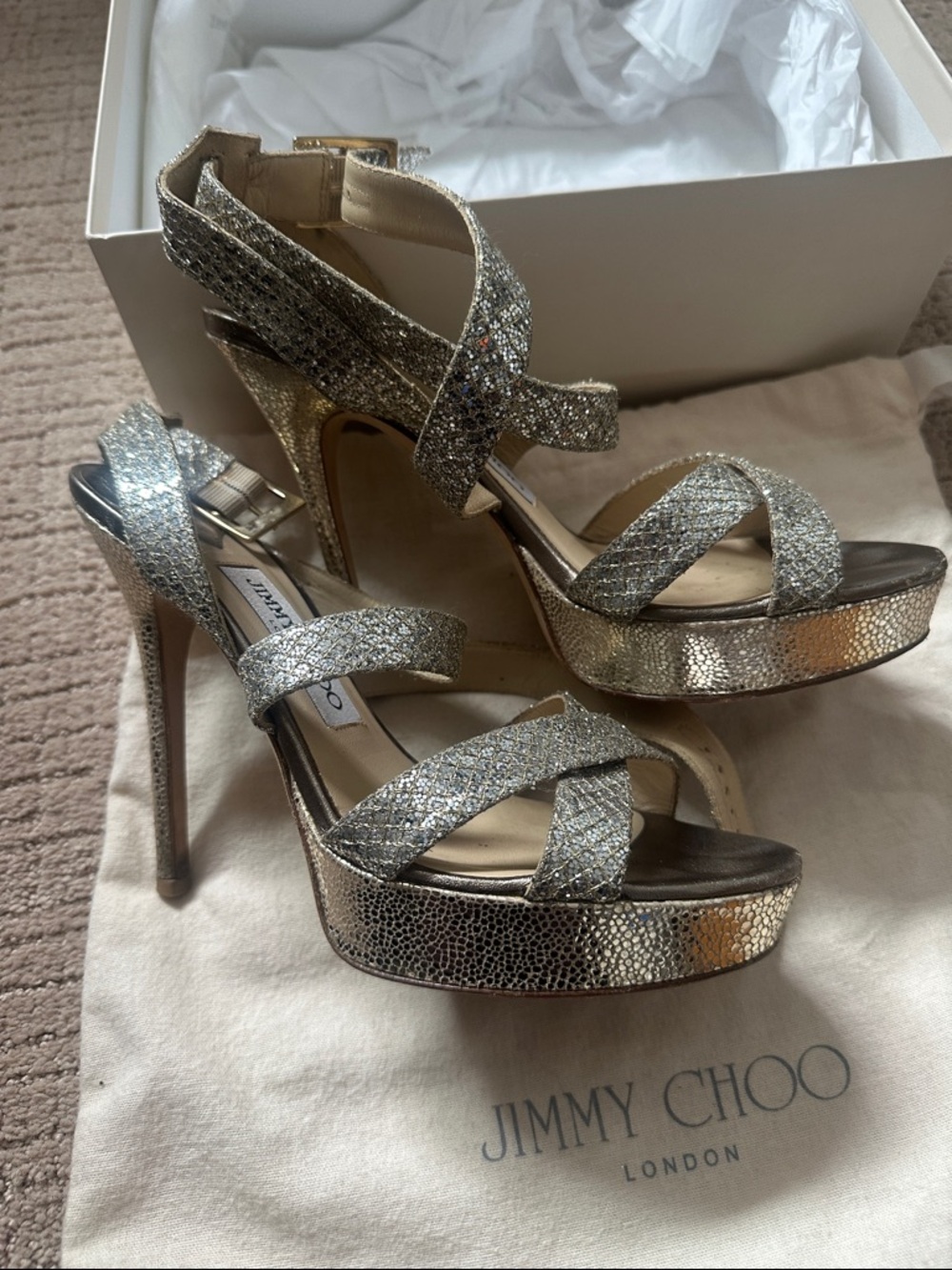 Jimmy Choo Metallic Gold Glitter Strappy Sandals - Picture 2 of 5